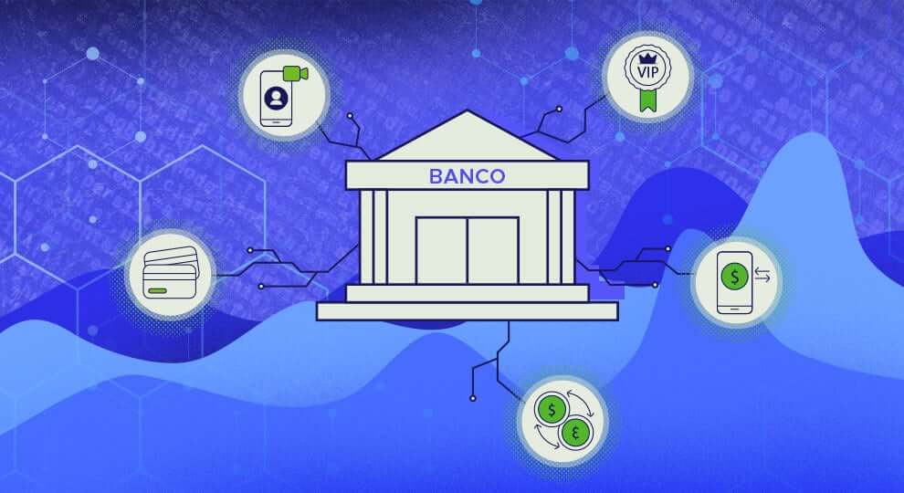 Icono de banco al centro y flotando alrededor cinco iconos de soluciones ofrecidas por ACF